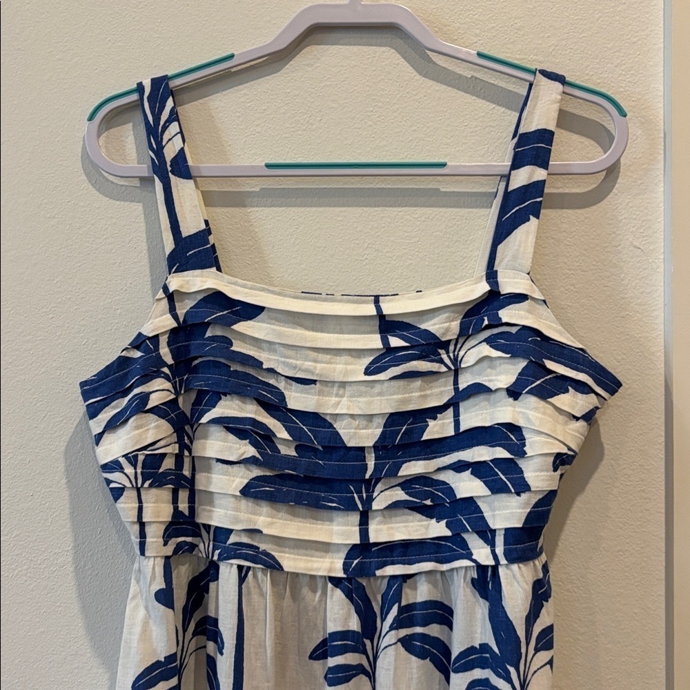 Tahari Linen Blend White Blue Midi Dress Size 10 - Picture 2 of 11